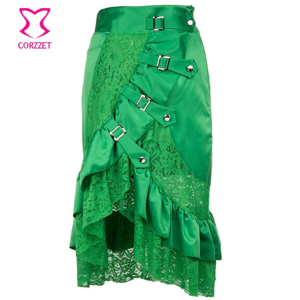 

Victorian Ruffle Green Satin Floral Lace Women Skirt Punk Gothic Buckle Asymmetrical Saia Midi Skirts Womens Steampunk Skirt 6XL