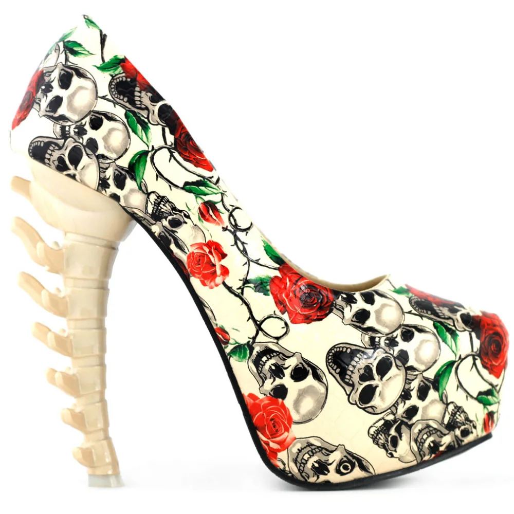 LF80610 Beige Skull Rose Print Platform Bone Heel Party Club Pumps