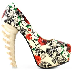 LF80610 Beige Skull Rose Print Platform Bone Heel Party Club Pumps