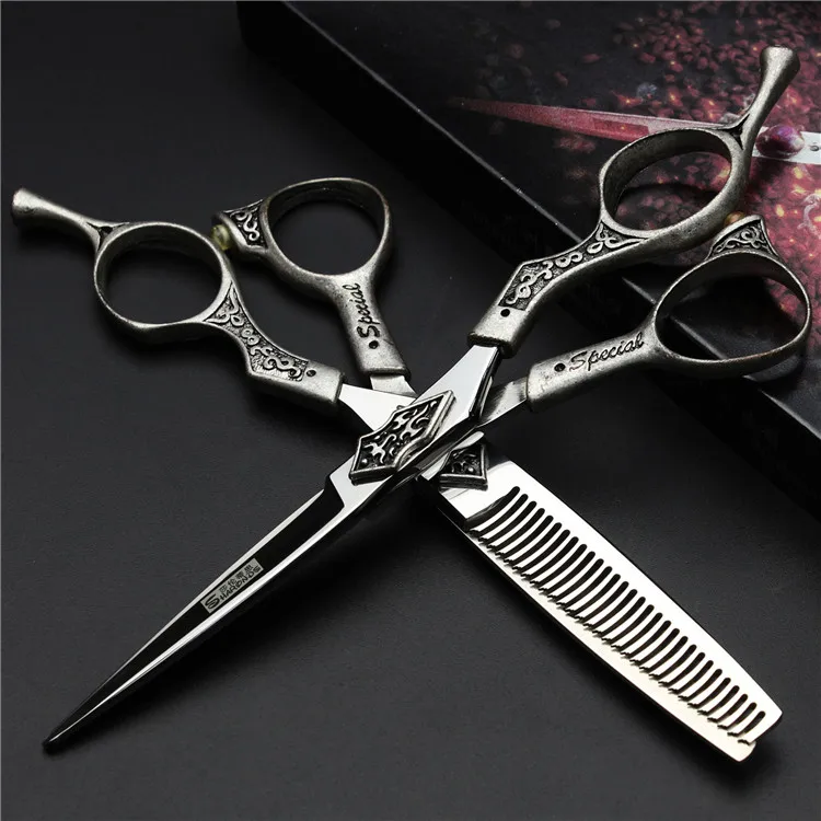 Retro professional barber shop hairdressing scissors 6.0 440c 7 inch hair cutting thinning shears kit  tesoura makas barbearia