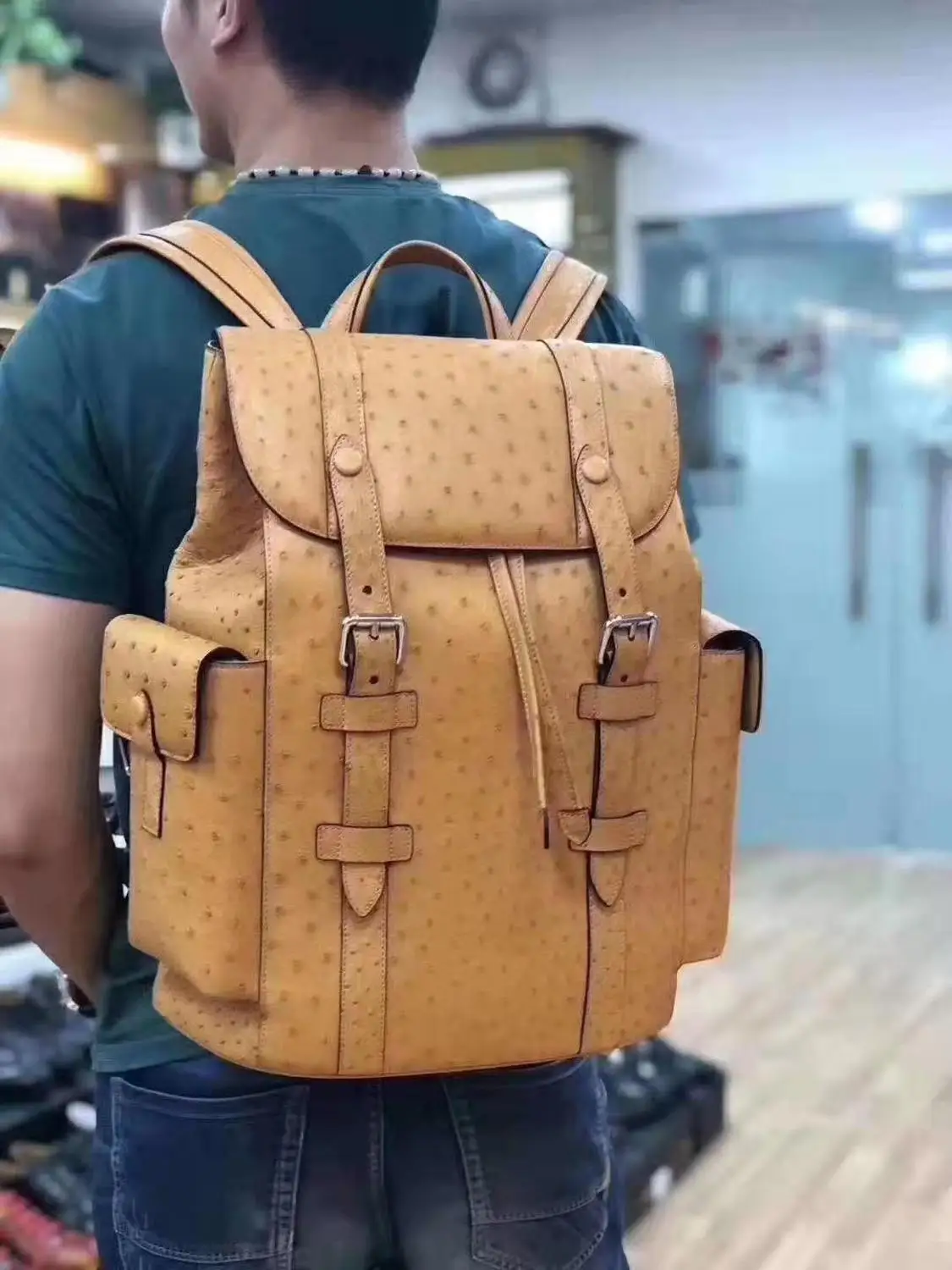 Newly 100% luxury quality genuine real ostrich leather skin fashion travel outside daily backpack bag orange blue brown color