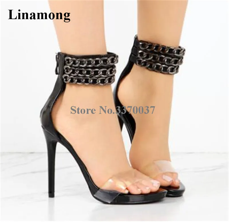 

High Quality Women Fashion One Transparent PVC Strap Chain Design Gladiator Sandals Ankle Wrap High Heel Sandals Dress Shoes