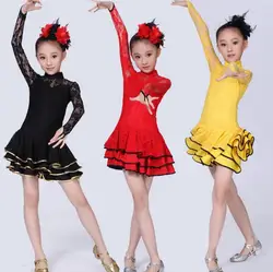 2019 Lace Newest Sexy Ballroom Dresses Tango Salsa Latin Dance Dress Children Red Black Lace Dress For Girls Long Sleeve