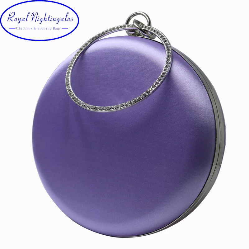 Royal Nightingales Round Shape Hard Box Clutch Silk Satin Party Evening Clutch Bags Bright Purple Red Green