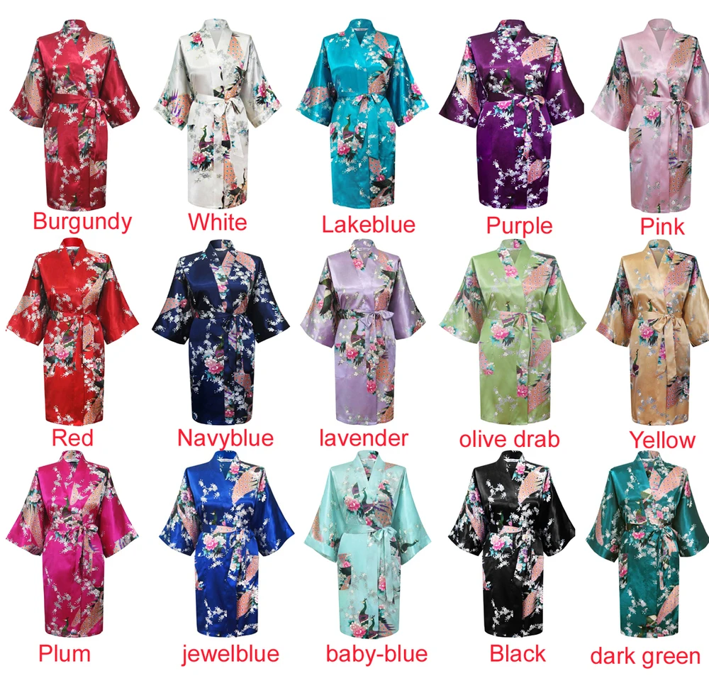 Wholesale Flower&Peacock Kimono Bathrobe Women Satin Soft Sleepwear Sexy Mini Bride Bridesmaid Wedding Robe Dressing Party Gown