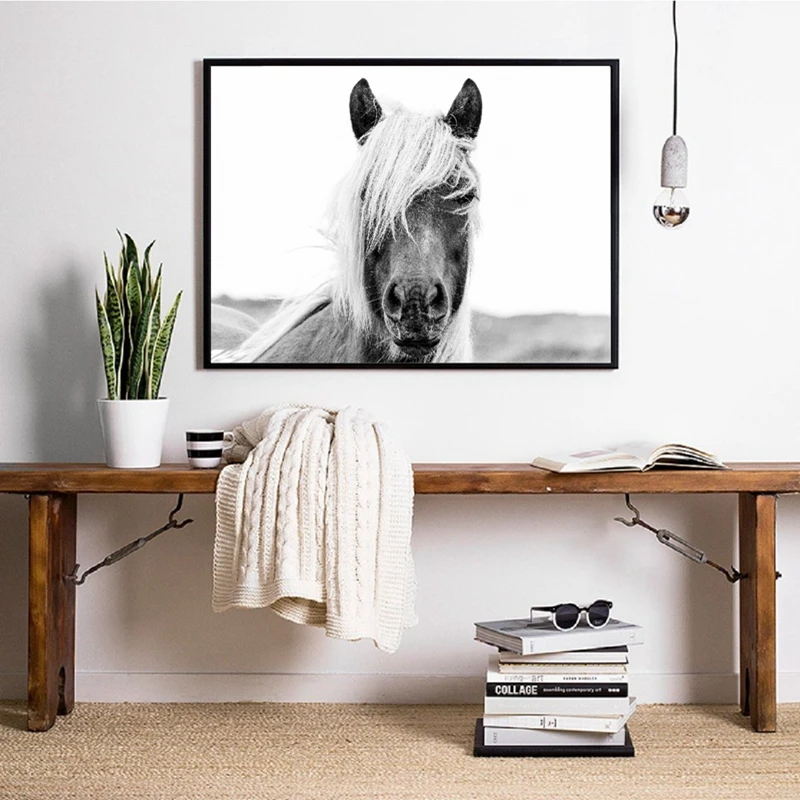 Black And White Horse Head Poster Art Painting , Animal Horses Photography Canvas Art Prints Home Room Wall Picture Modern Decor