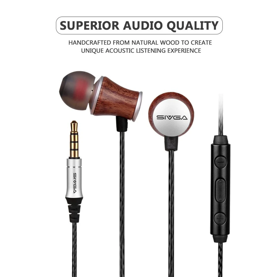 SIVGA M006 Rosewood In-ear Stereo Earphone Bass HIFI Fever Dynamic Driver Earbuds Music Wired Earpiece with Mic for Mobile Phone