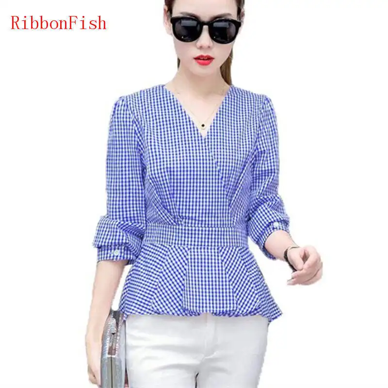 Fashion Women Tops Summer Slim Clothes Office Wear Plaid Shirt Chiffon Blouses Brand Design Blue Madam Fit Model Casual DD1378