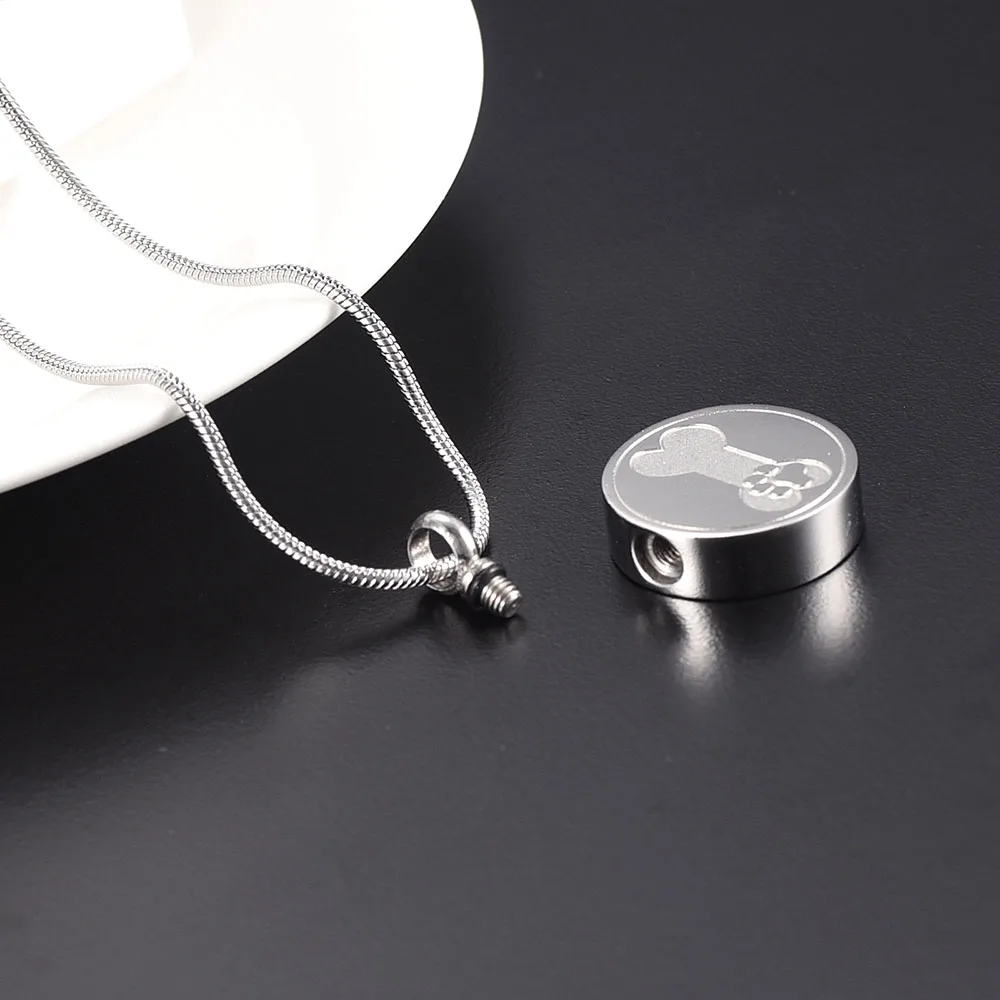 IJD9884 Round Shape Stainless Steel Memorial Urn Jewelry Etching Paw Print & Dog Bone Cremation Pendant Hold Pet Ashes Necklace