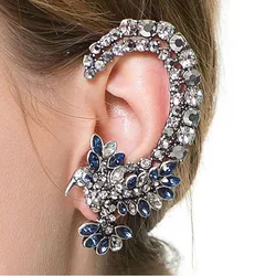 Eexaggerated Black Metal Colorful Blue Crystal Big Flower Crystal Ear Clip Cuff Earrings For Women Femme Earrings Jewelry Gift