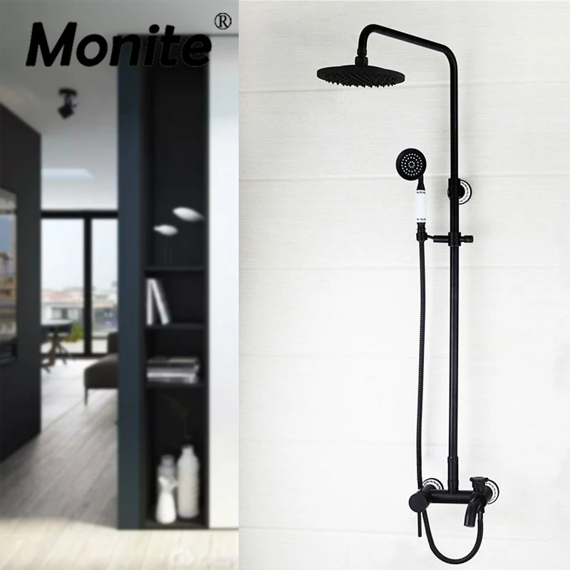 Monite Black Painting Bathroom Shower Set Mixer Rain Shower Head Bath Shower Mixer with adjustable Hand Shower Sets Faaucet