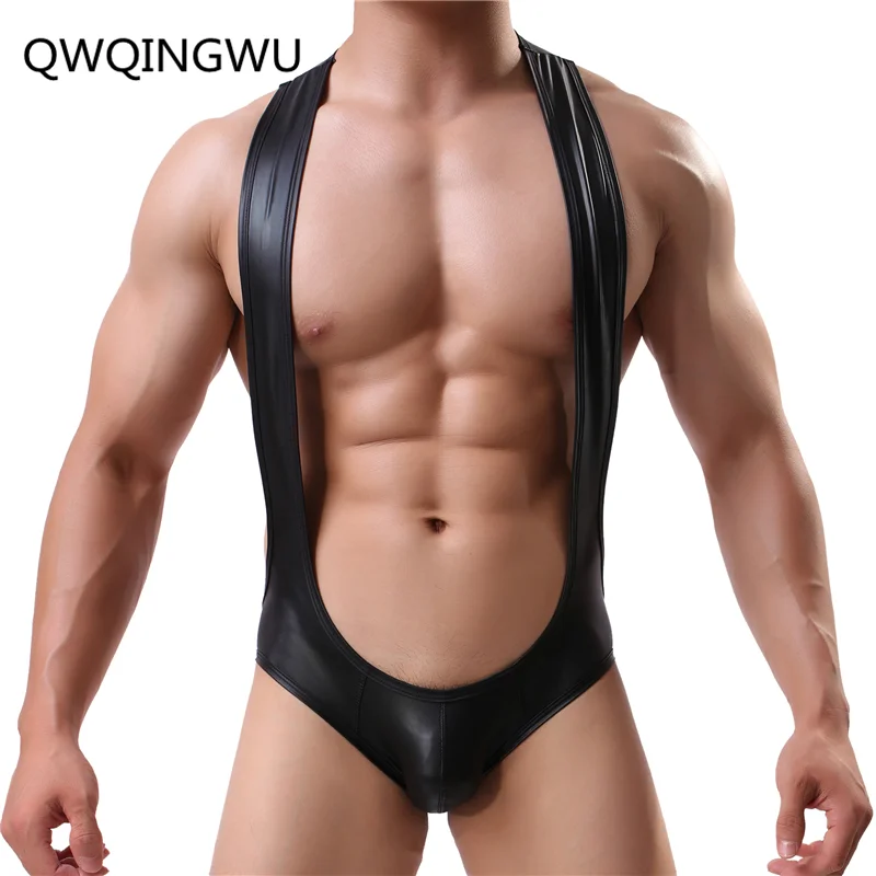 

Sexy Men Undershirts Bodysuits One Piece PU Leather Jumpsuits Teddies Shapers Gay Men Underwear Leotard Nightwear Undershirt