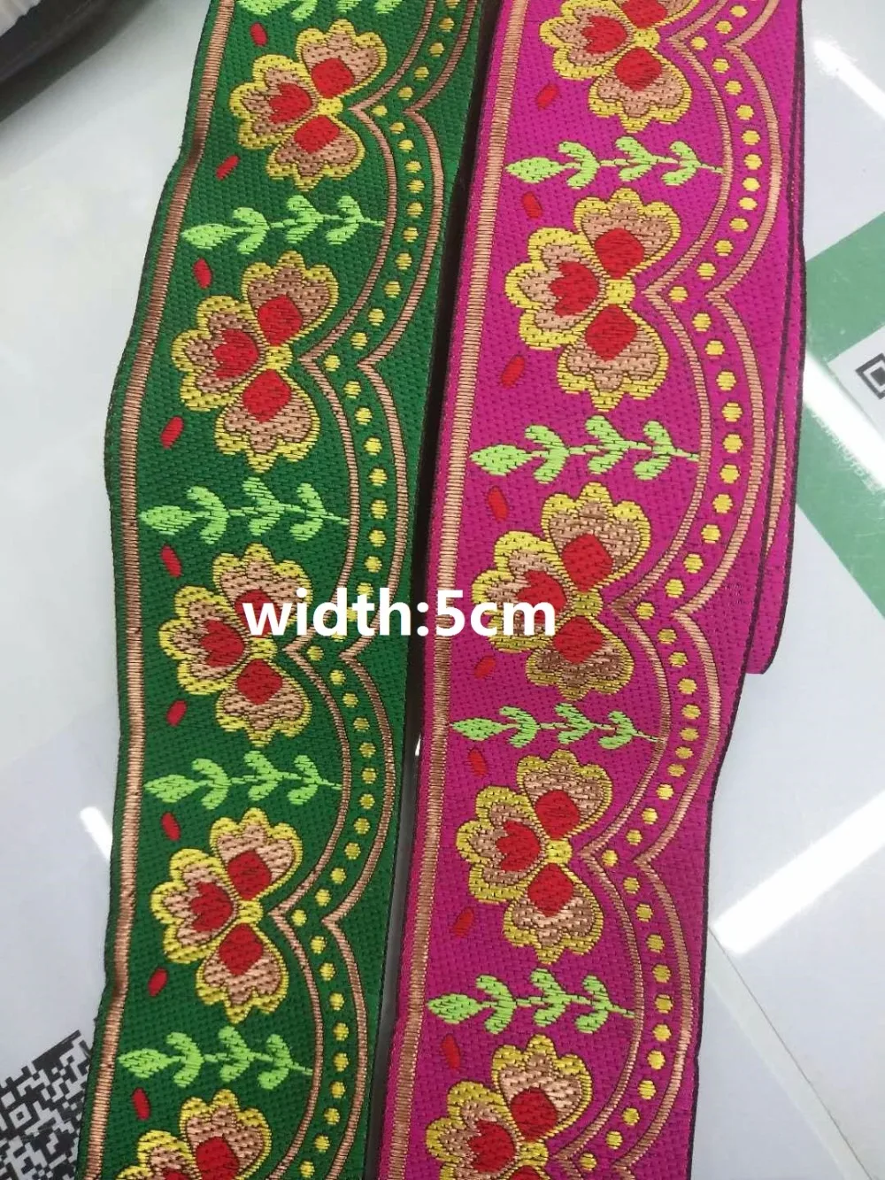 10yards/lot width 5cm Woven Jacquard Ribbon green and pink with gold Flowers for clothing accessories CH-411