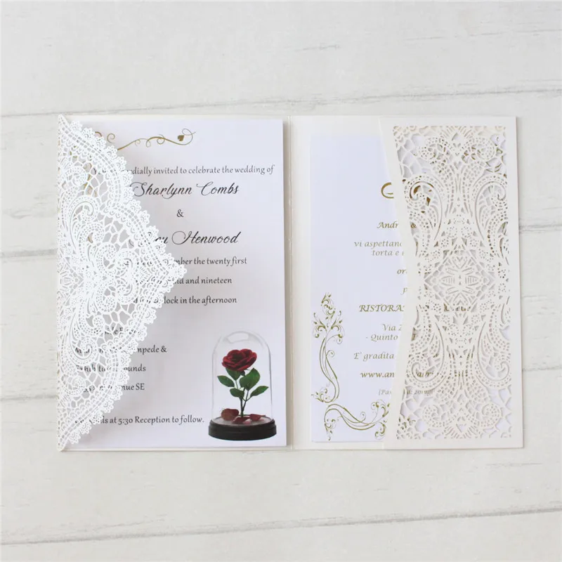 White pearl wedding cards laser cut invitation marriage festival gift cards tir-fold offer printing multi colors 50pcs/lot