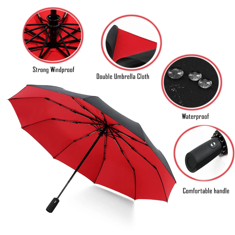 LIKE RAIN Brand Automatic Umbrella Quality Men Folding Umbrellas 10 Ribs Strong Windproof Paraguas Double Layer Umbrella UBY22