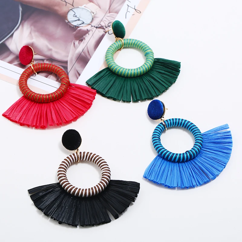 Bohemian ethnic round cutout ornate line woven pendant earrings women's grass vines tassel earrings simple fashion jewellery