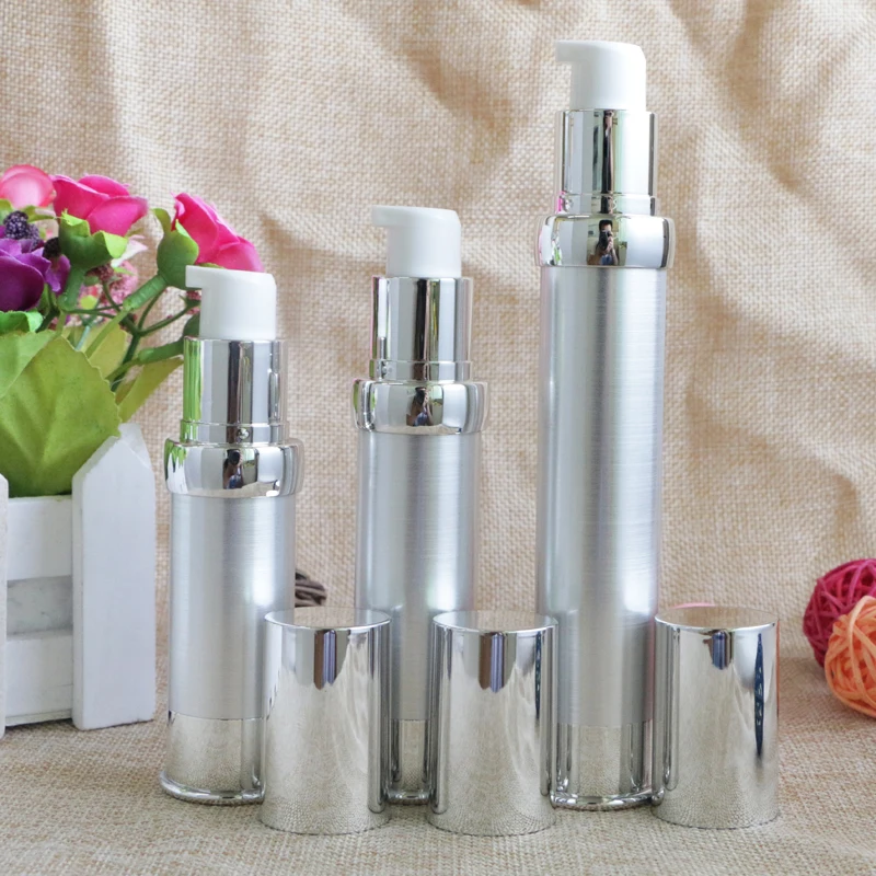 

Silver Mini Portable Vacuum Airless Travel bottles 15ml 20ml 30ml Liquid Makeup Empty Packaging Containers 100pcs wholesale