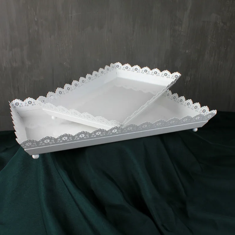 White Cake Tray Metal Iron Rectangle Plate for Cake Tools Snow Hollow Display Plate for Cake Table Decoration