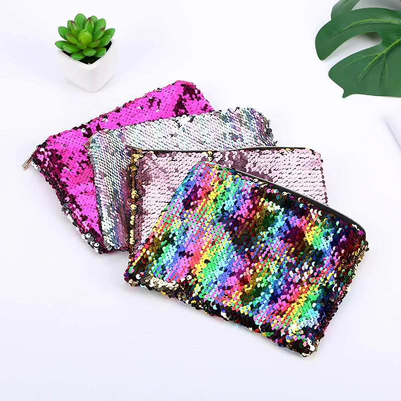 Women Fashion Handbags Mermaid Sequin Makeup Bag Reversible Double Color Glitter Cosmetic Bag Lazy Makeup Zipper Pouch Wholesale