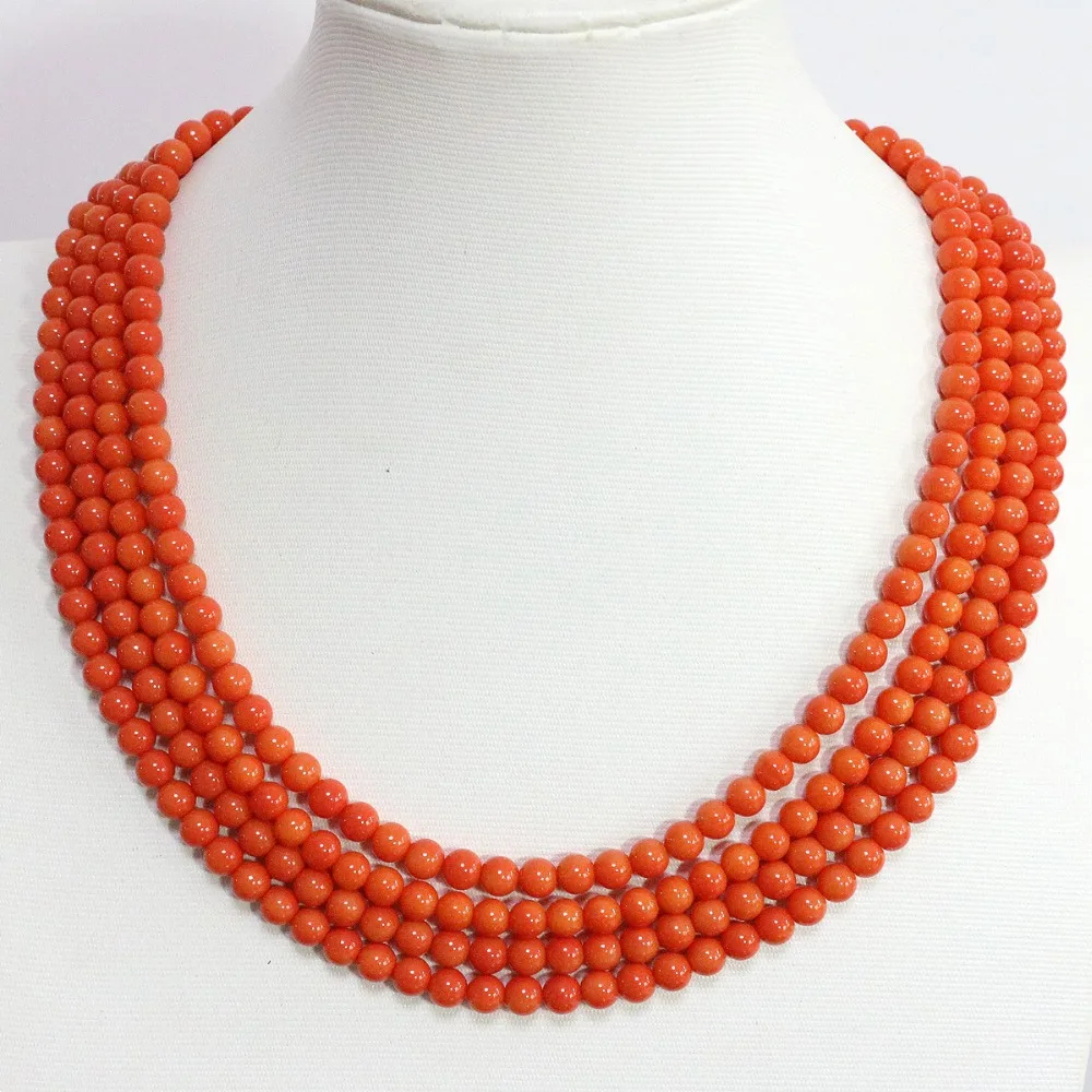 Newly amazing 4 rows imitation pink orange 6mm high grade round beads coral chain beauty necklace jewelry 17-20inch B1452