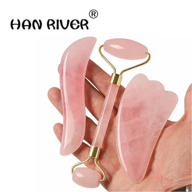 HANRIVER Natural powder crystal jade suit well as scrape the face eye double roller roller massager beauty massage