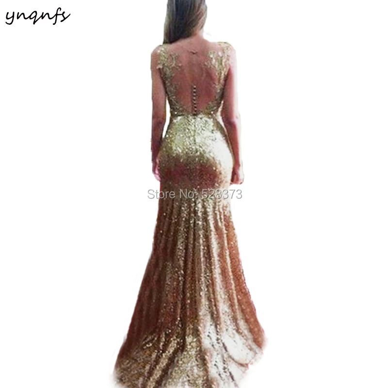 

YNQNFS ED215 Chic Gold Sequins Mother of Bride Celebrity Dress Dinner Dress Party Gown Sexy Sheer Low Back Mermaid Robe Longue