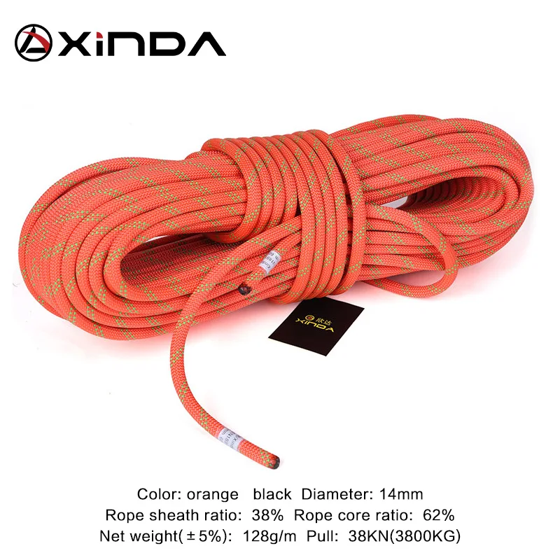 XINDA 14mm Rock Climbing Rope Static Rope 38kN High Strength Safety Rope For Working at Height Climb Camping Equipment