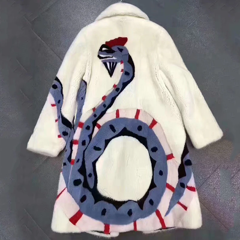 Ftangaiur 冬用レディースジャケット 輸入ミンクファーコート スリム ターンダウンカラー プリントミンクコート エクストラロング 本物のミンクファーコート