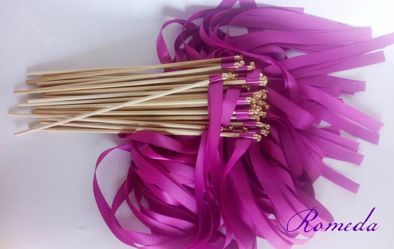 50pcs/lot  fuschia wedding ribbon wands wedding stick with gold bell ribbon twirling streamers