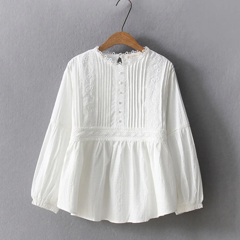 Chemise décontractée Mori Girl pour femmes, chemisiers à manches longues, broderie en coton, blanc uni, dame élégante, printemps, été, U185