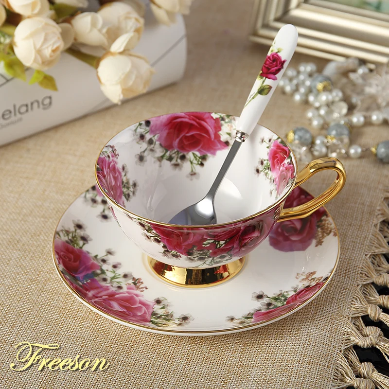 Pastoral Rose Bone China Tea Cup Saucer Spoon Set 200ml Europe Advanced Porcelain Coffee Cup British Ceramic Teacup Dropshipping