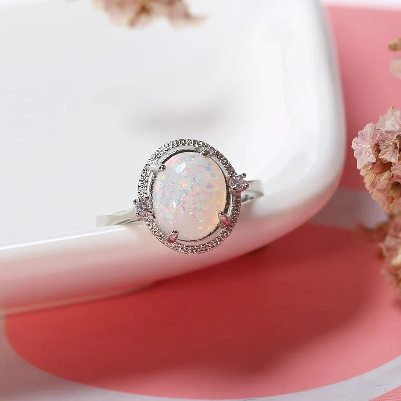 OMHXZJ Wholesale European Fashion Woman Man Party Wedding Gift White Round Opal AAA Zircon 925 Sterling Silver Ring RR87