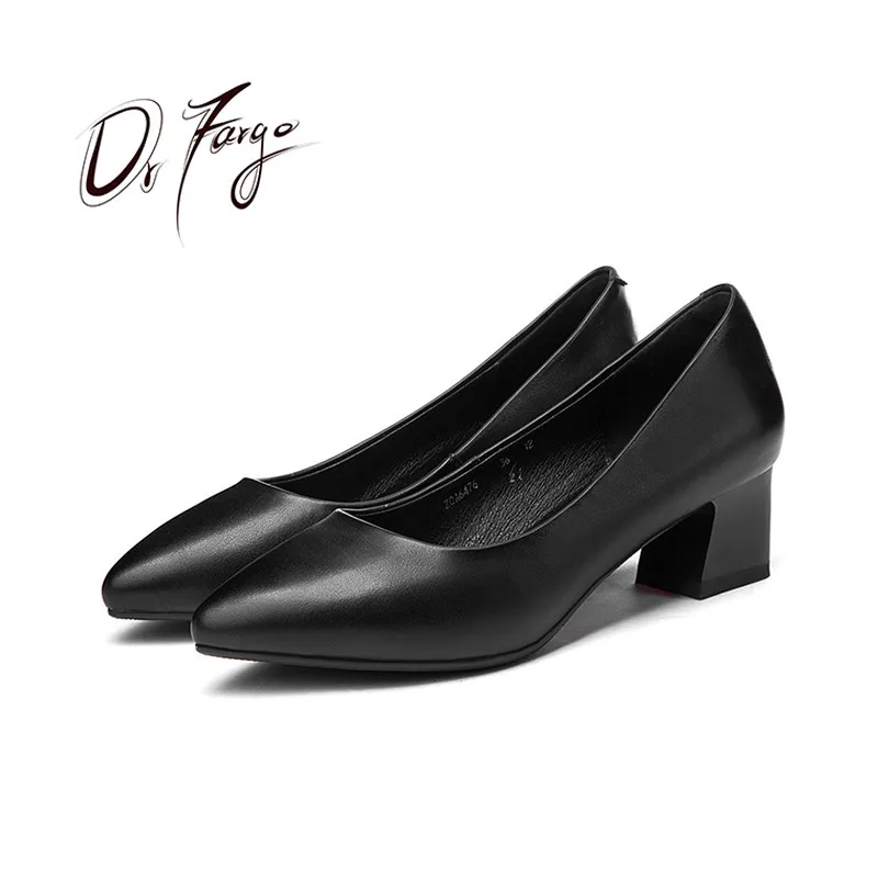 

DRFARGO 2023 Office Lady Genuine Leather 3cm 5cm 7cm Square High Heel soft Black Work Shoes Pointed Toe Stable size 34-42 DJL11