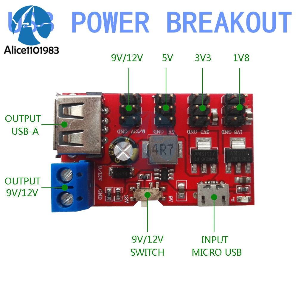 Micro USB Power Breakout DC to DC Power Module 5V to 1.8V/3.3V/5V/9V/12V Connect PC By Max 500mAh Terminal