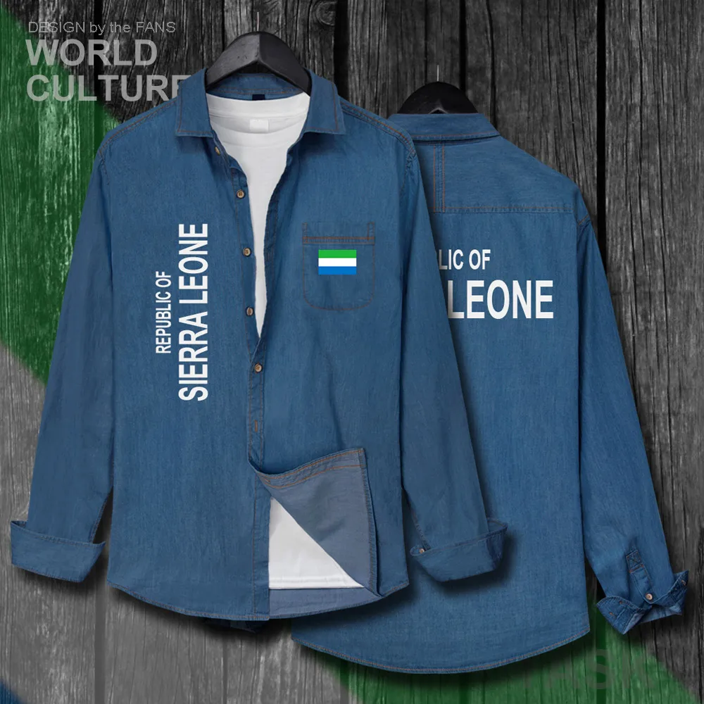 

Sierra Leone Leonean SL SLE Men clothes Spring Autumn Flag Turn-down Collar Jeans Shirt Long Sleeve fashion Tops Cowboy Coat new