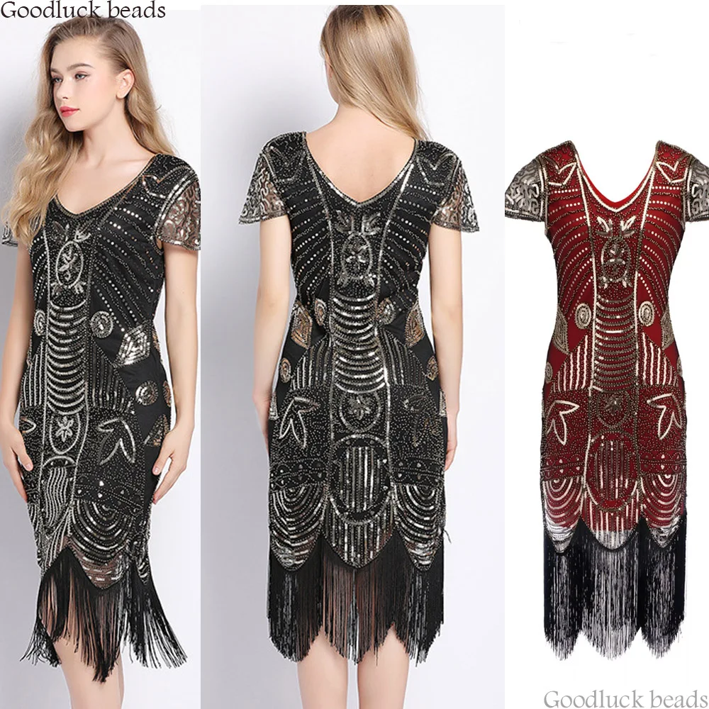 

Diamond Sequined Embellished Fringed Floral Flapper Lace Black Dresses Retro Tassle Beading Midi Party Dress Women 1920s Vestido