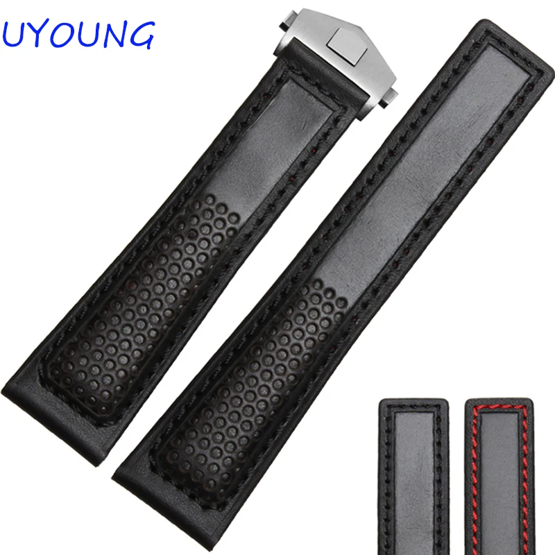 Hot Sales 22mm Black red Genuine Leather Watch Band Men Air Permeability With Holes Strap