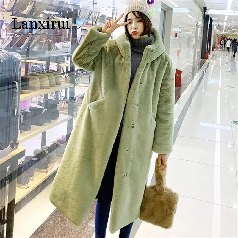 Autumn Winter Mink Women Fur Coat Clothes  Korean Faux Fur Streetwear Hooded Loose Thick Warm Long Coat Female