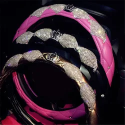 Luxury Crystal Crown Leather Car Steering Wheel Covers with Bling Bling Rhinestones for Girls Universal Car Interior Accessories