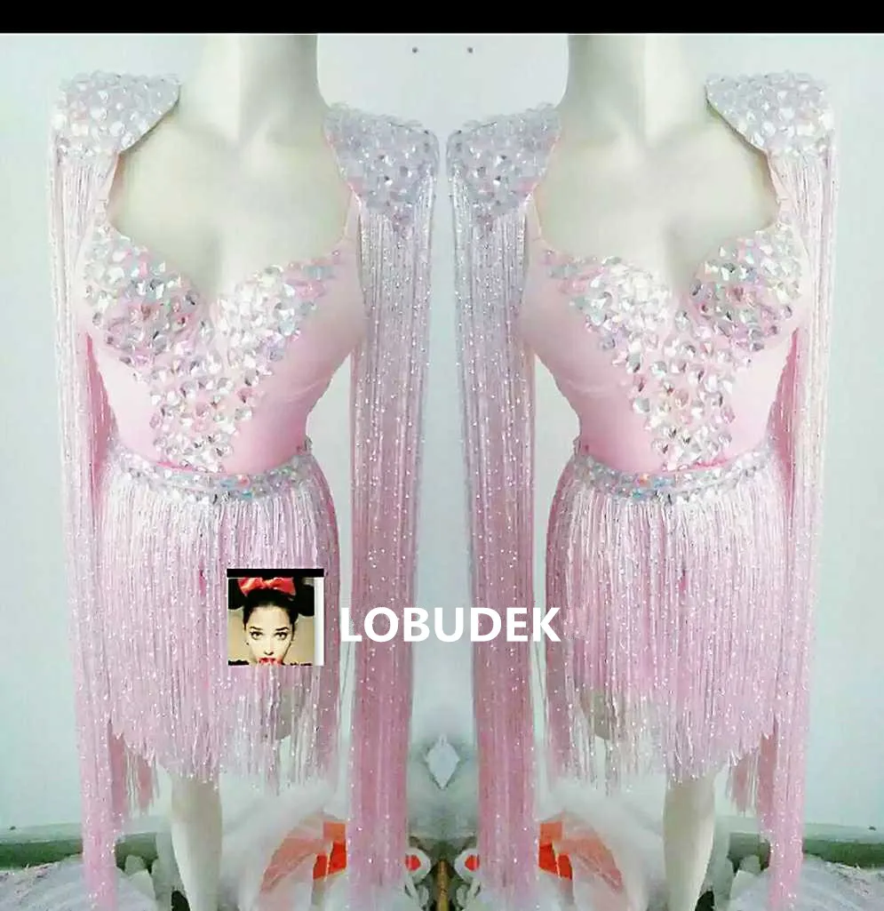 여성 블루 태슬 라인스톤 섹시 바디수트 가수 댄서 무대 의상 핑크 나이트클럽 바 파티 무대 의상 프린지 코스튬