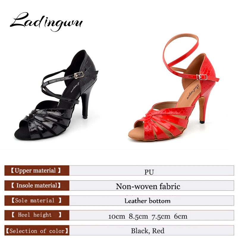 Ladingwu New Crocodile texture PU Latin Dance Shoes Salsa Woman Black/Red Soft Bottom Ballroom Dance Sandals High Heel Shoes