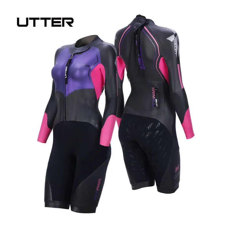 UTTER-traje de baño de neopreno para mujer, traje de baño Morado para triatlón, piernas cortas, piel lisa, Surf