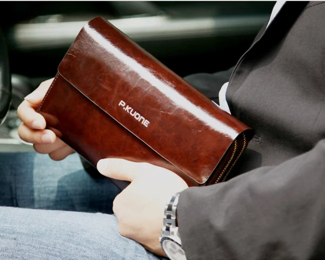 

P.KUONE men's clutch Bag Genuine Leather handbag Double Layer Business day clutches wallets men Oil Wax Cowhid purse male wallet