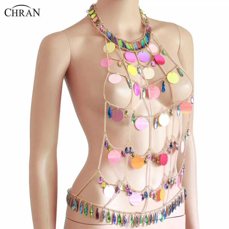 Chran Sexy Mesh Full Body Chain Halter Necklace Burning Man Rave Outfit Sequin Chain Bralette Festival Dance Wear Jewelry