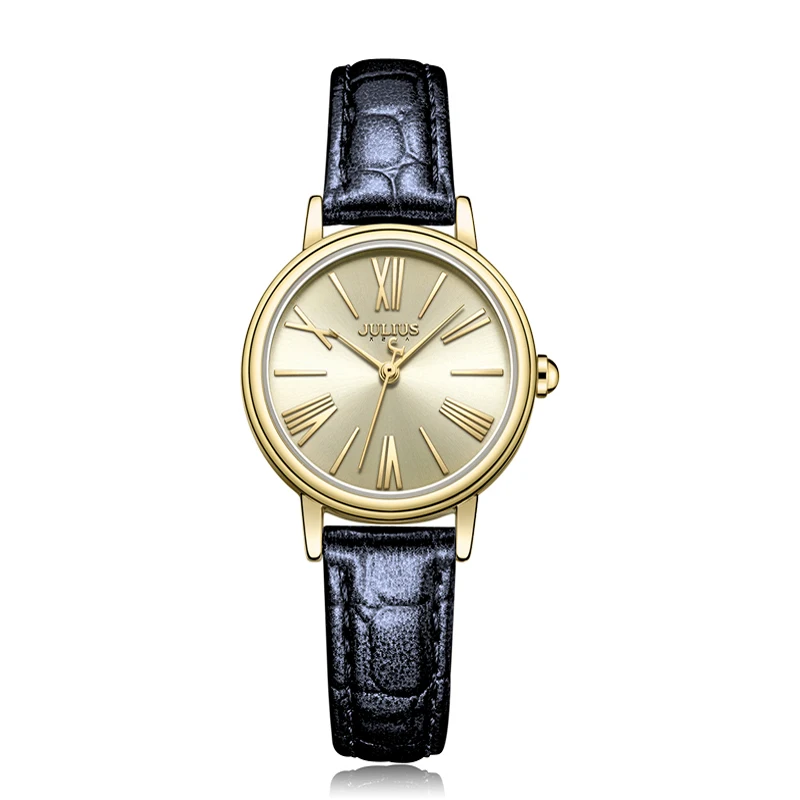 Golden Round Dial Genuine Leather Watchband Female Watch Simple Literary Style Quartz Watch