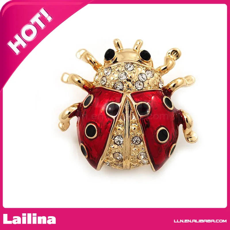 Black Red Enamel Crystal Lady Bug Brooch In Gold color Metal