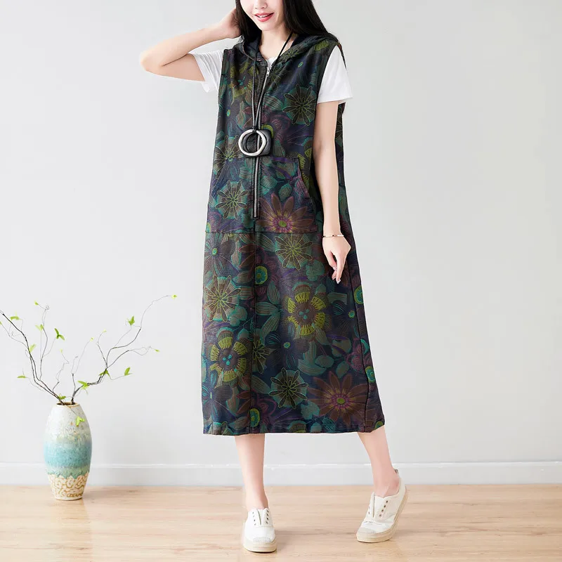 

Baggy Hooded dress Women Print Flower zipper sleeveless dress Big Pocket Cotton Europe tank Dresses Ethnic Big Size dress