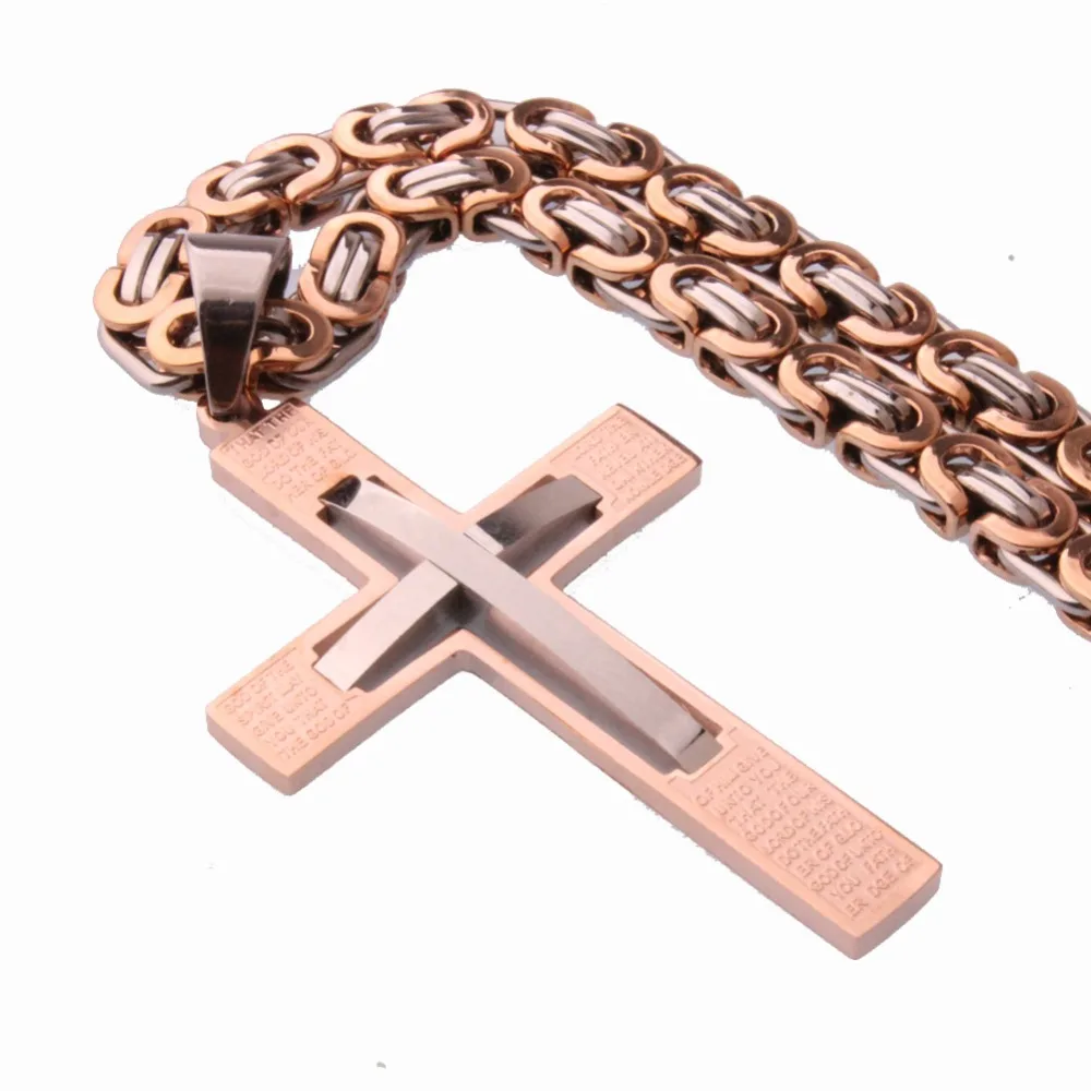 New Fashion Rose Gold Cross Pendant Necklace Male Gift Trendy Stainless Steel 6mm Flast Byzantine Chain