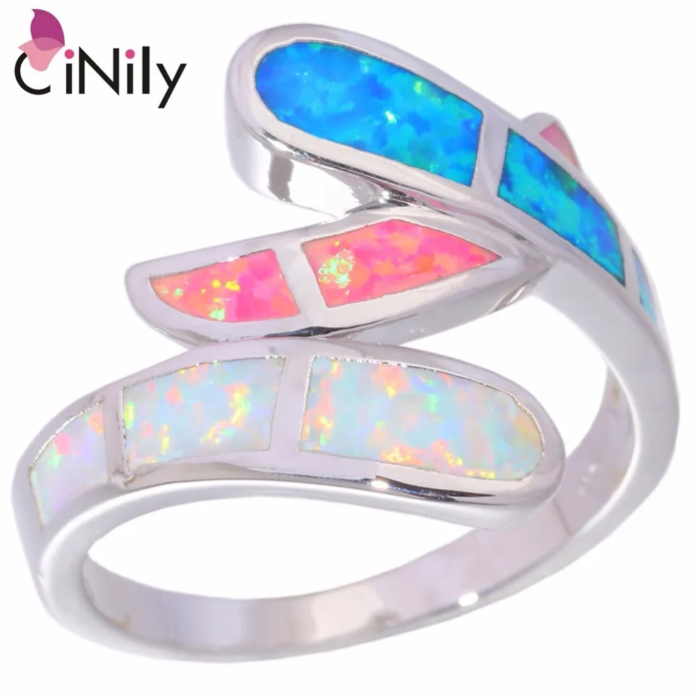 CiNily Created Blue Pink White Fire Opal Silver Plated Ring Wholesale Hot Sell for Women Jewelry Ring Size 6 7 8 9 10 OJ5656