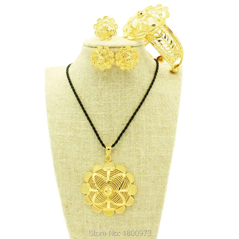 Newest Ethiopian Big Flower Jewelry Set 24K Gold Color Pendant/Necklace/Earrings/Ring/Bangle African Women Wedding Jewelry